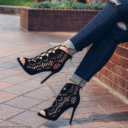 Gladiator Cross-tied Boots Women New Sexy Hollow Peep Toe High Heels Shoes