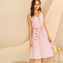 Load image into Gallery viewer, Pink V-neck Button Front Striped Slim Fitted Two Piece Set