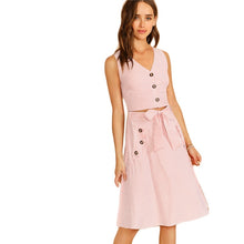 Load image into Gallery viewer, Pink V-neck Button Front Striped Slim Fitted Two Piece Set