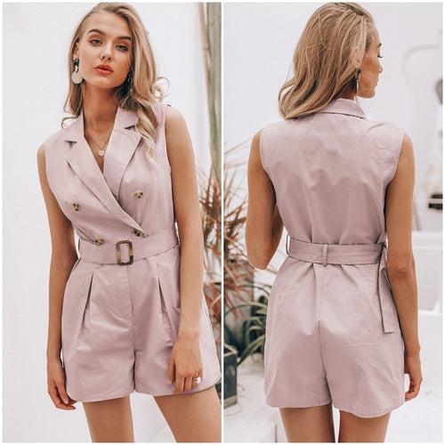 Elegant sashes khaki cotton women playsuit Summer pockets button zipper rompers short jumpsuit