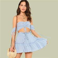 Load image into Gallery viewer, Drawstring Crop Bardot Set Sexy Solid Frill Two Piece Set