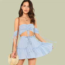 Load image into Gallery viewer, Drawstring Crop Bardot Set Sexy Solid Frill Two Piece Set