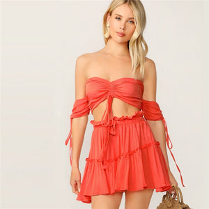 Drawstring Crop Bardot Set Sexy Solid Frill Two Piece Set