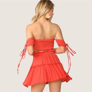 Drawstring Crop Bardot Set Sexy Solid Frill Two Piece Set