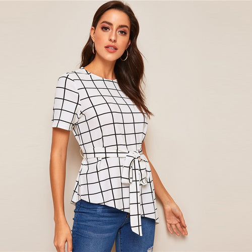 Asymmetrical Hem Belted Grid Summer Blouse Ladies Tops