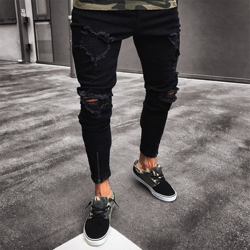 Ripped Jeans Men Pants Skinny Slim Straight Denim With Zipper Bottom