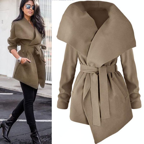 New Fashion Women's Asymmetry Trench Coats Big Lapel Slim Fit Elegant Blend Wool Jackets