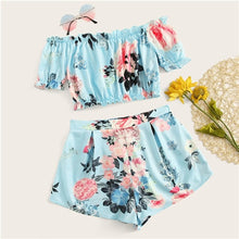 Load image into Gallery viewer, Beach Blue Frill Elastic Trim Floral Print Off the Shoulder  Set Women Two Piece Set