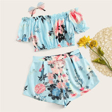 Load image into Gallery viewer, Beach Blue Frill Elastic Trim Floral Print Off the Shoulder  Set Women Two Piece Set