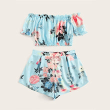 Load image into Gallery viewer, Beach Blue Frill Elastic Trim Floral Print Off the Shoulder  Set Women Two Piece Set