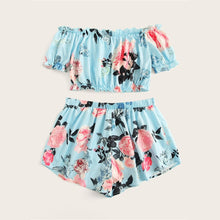 Load image into Gallery viewer, Beach Blue Frill Elastic Trim Floral Print Off the Shoulder  Set Women Two Piece Set