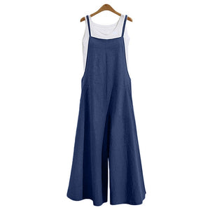 Cotton Pocket Long Wide Leg Romper Overalls Casual Loose Solid Jumpsuit