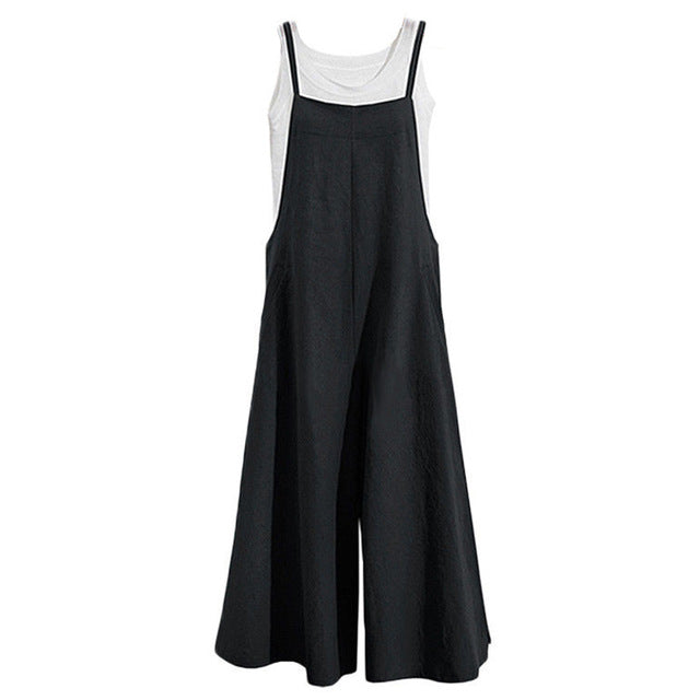 Cotton Pocket Long Wide Leg Romper Overalls Casual Loose Solid Jumpsuit