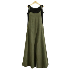 Cotton Pocket Long Wide Leg Romper Overalls Casual Loose Solid Jumpsuit