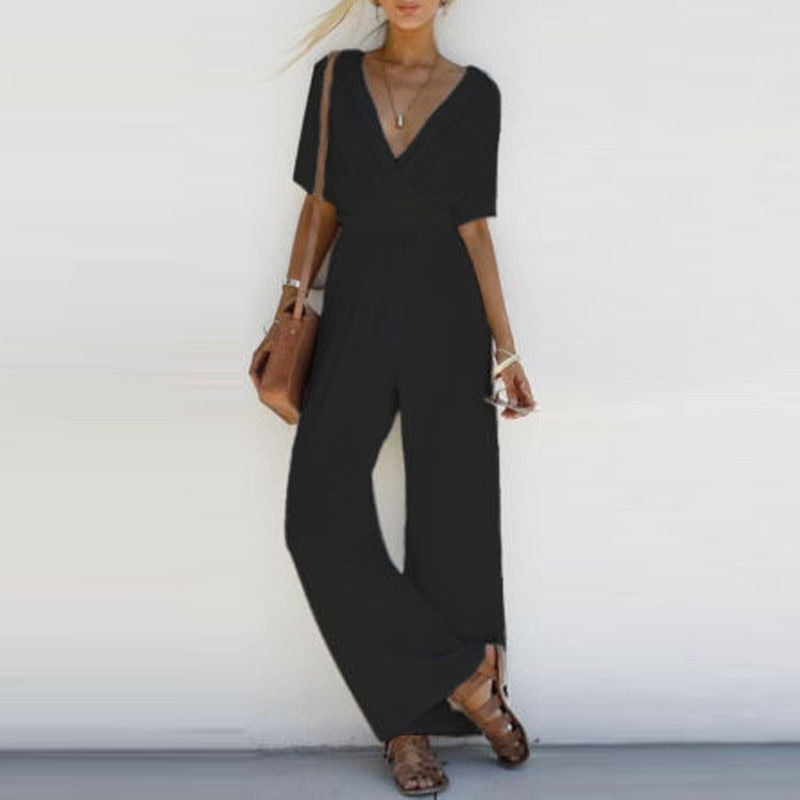 Women Jumpsuit Romper V Neck Casual Playsuit Overalls Ladies Wide Leg Loose