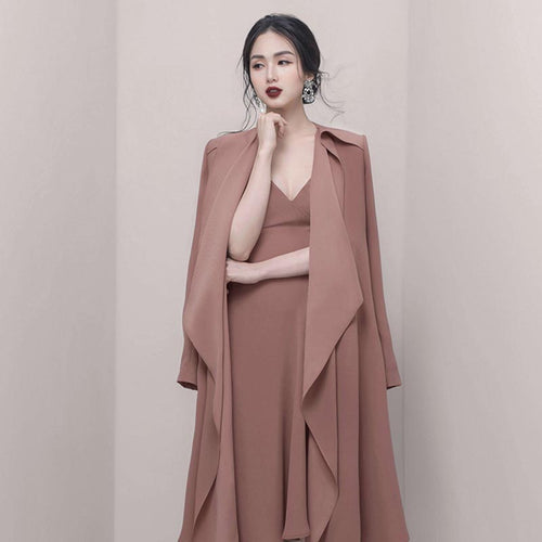 Solid Two Piece Sets Spaghetti Strap Sexy V-Neck Dress With Long Sleeve Coat Sets