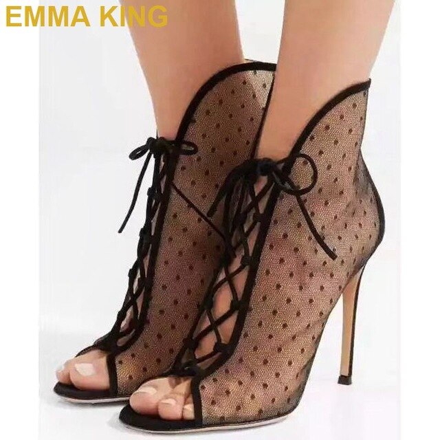 Mesh Lace Up Boots High Heels Ladies Evening Party Shoes