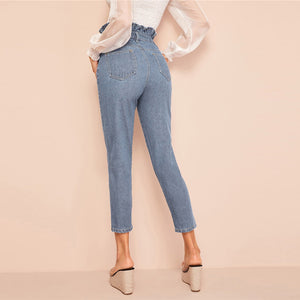 Light Wash Button Fly Waist Skinny Jeans Blue Denim Ladies Pants