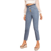 Load image into Gallery viewer, Light Wash Button Fly Waist Skinny Jeans Blue Denim Ladies Pants