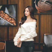 Load image into Gallery viewer, Women winter fashion sweater v-neck off shoulder solid color furry casual pullover