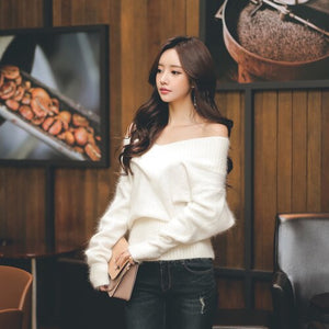 Women winter fashion sweater v-neck off shoulder solid color furry casual pullover