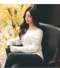 Load image into Gallery viewer, Women winter fashion sweater v-neck off shoulder solid color furry casual pullover