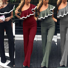 Load image into Gallery viewer, Ladies Fashion One Shoulder Ruffle Romper Loose Causal Patchwork Slim Jumpsuit