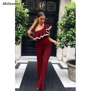 Ladies Fashion One Shoulder Ruffle Romper Loose Causal Patchwork Slim Jumpsuit