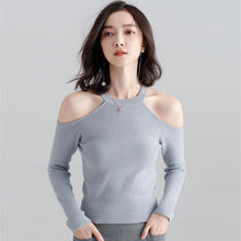 Load image into Gallery viewer, Long-sleeved sweater pullover women halterneck sweater slim hollow out strapless T-shirt