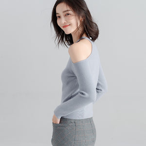 Long-sleeved sweater pullover women halterneck sweater slim hollow out strapless T-shirt