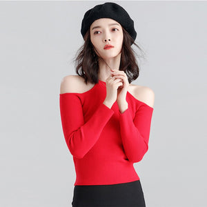 Long-sleeved sweater pullover women halterneck sweater slim hollow out strapless T-shirt