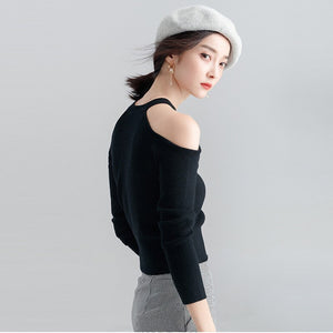 Long-sleeved sweater pullover women halterneck sweater slim hollow out strapless T-shirt