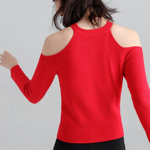 Long-sleeved sweater pullover women halterneck sweater slim hollow out strapless T-shirt