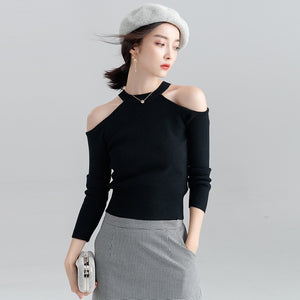 Long-sleeved sweater pullover women halterneck sweater slim hollow out strapless T-shirt