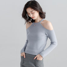 Load image into Gallery viewer, Long-sleeved sweater pullover women halterneck sweater slim hollow out strapless T-shirt