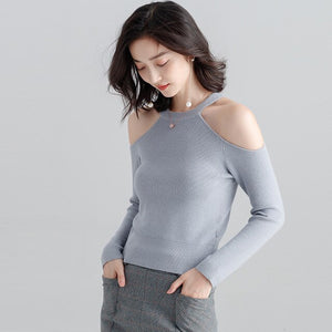 Long-sleeved sweater pullover women halterneck sweater slim hollow out strapless T-shirt