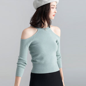 Long-sleeved sweater pullover women halterneck sweater slim hollow out strapless T-shirt