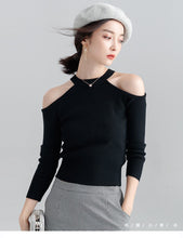 Load image into Gallery viewer, Long-sleeved sweater pullover women halterneck sweater slim hollow out strapless T-shirt