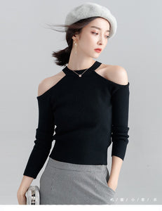 Long-sleeved sweater pullover women halterneck sweater slim hollow out strapless T-shirt