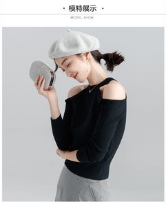 Long-sleeved sweater pullover women halterneck sweater slim hollow out strapless T-shirt