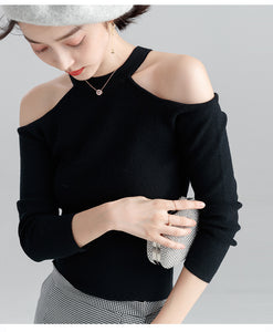 Long-sleeved sweater pullover women halterneck sweater slim hollow out strapless T-shirt