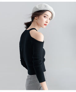 Long-sleeved sweater pullover women halterneck sweater slim hollow out strapless T-shirt