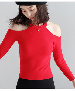 Long-sleeved sweater pullover women halterneck sweater slim hollow out strapless T-shirt