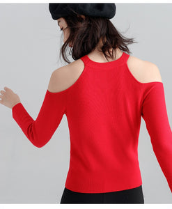 Long-sleeved sweater pullover women halterneck sweater slim hollow out strapless T-shirt