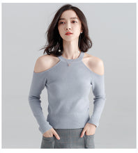 Load image into Gallery viewer, Long-sleeved sweater pullover women halterneck sweater slim hollow out strapless T-shirt