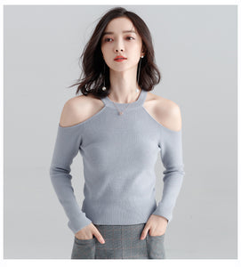 Long-sleeved sweater pullover women halterneck sweater slim hollow out strapless T-shirt