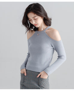 Long-sleeved sweater pullover women halterneck sweater slim hollow out strapless T-shirt