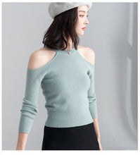 Load image into Gallery viewer, Long-sleeved sweater pullover women halterneck sweater slim hollow out strapless T-shirt