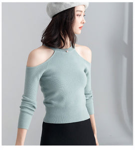 Long-sleeved sweater pullover women halterneck sweater slim hollow out strapless T-shirt