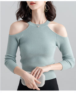 Long-sleeved sweater pullover women halterneck sweater slim hollow out strapless T-shirt